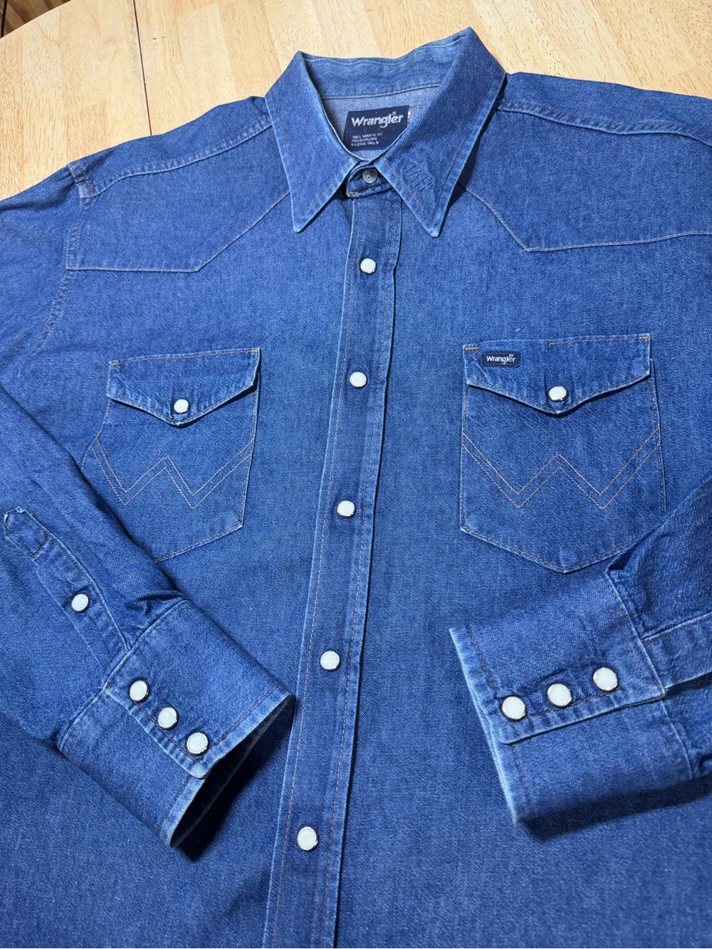 Wrangler Vintage Denim Pearl Snap Blue Western Shirt Long Sleeve Retro Mens 2XL